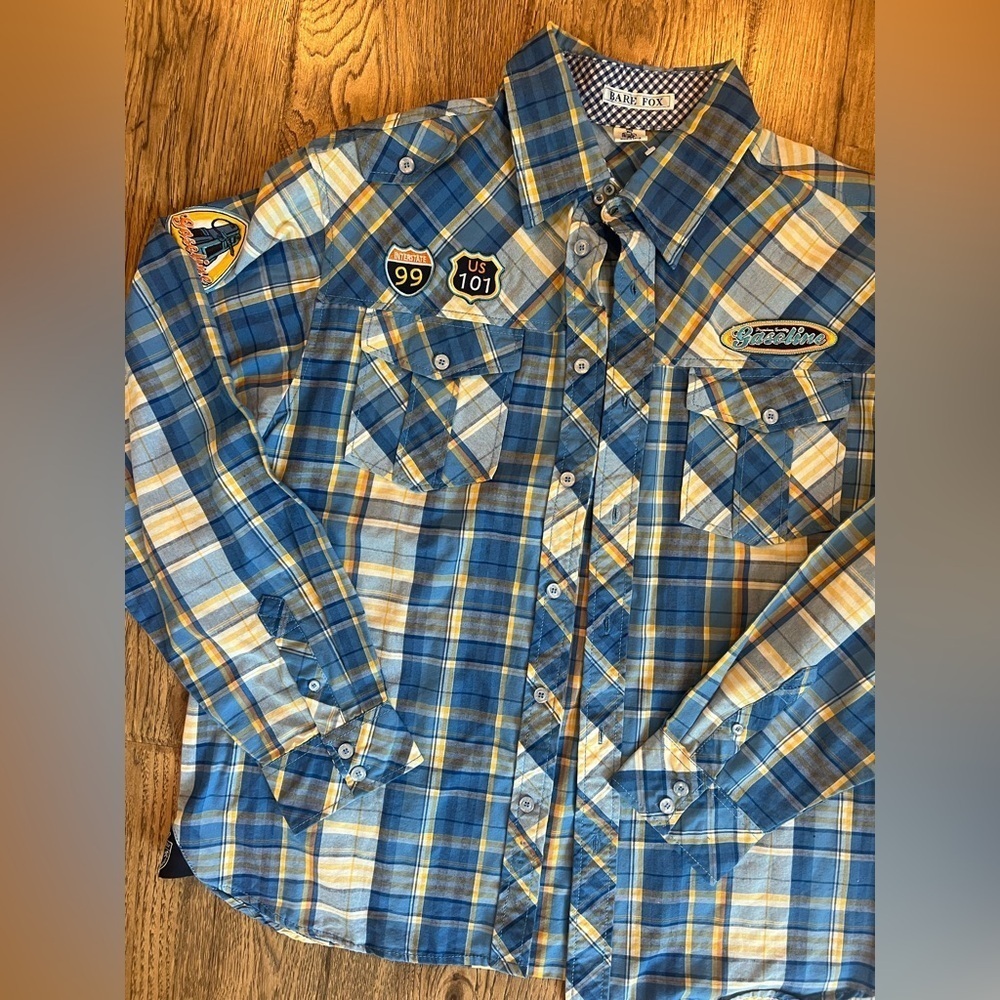 NWOT Retro Bare Fox Men's Blue Plaid Shirt With Riding Patches Long Sleeves XL